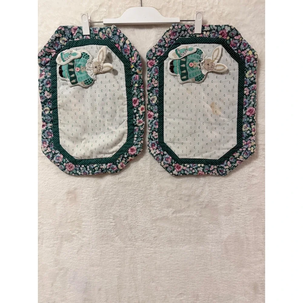 Vintage Quilted Bunny Rabbit Placemats and Floral Napkin Set Cottagecore 3pc